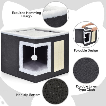 petizer Cat Bed for Indoor Cats, Large Covered Cat House with Scratch Pad, Foldable Cat Cave Bed & Hideaway Cube with Reversible Cushions, Cute Cat Condo for Multi Small Pet Kitten (Dark Grey)