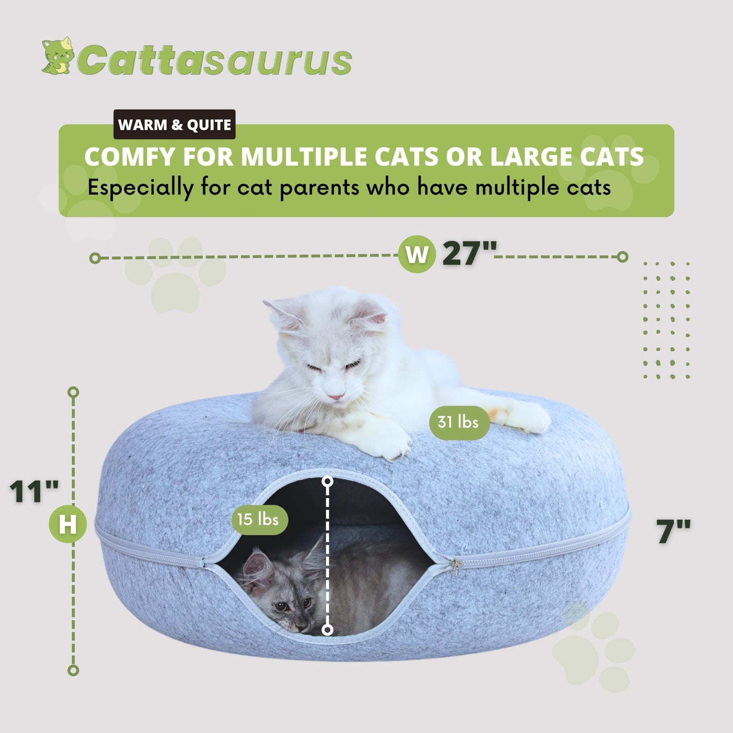 CATTASAURUS Peekaboo Cat Cave for Multiple & Large Cats Up to 30-45 Lbs, Scratch Detachable & Washable Tunnel Bed, Comfy Donut Cat Cave (Light Gray, Large)