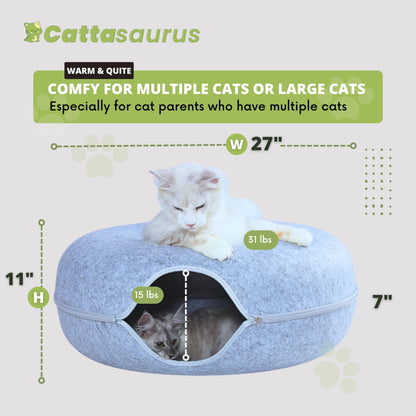 CATTASAURUS Peekaboo Cat Cave for Multiple & Large Cats Up to 30-45 Lbs, Scratch Detachable & Washable Tunnel Bed, Comfy Donut Cat Cave (Light Gray, Large)