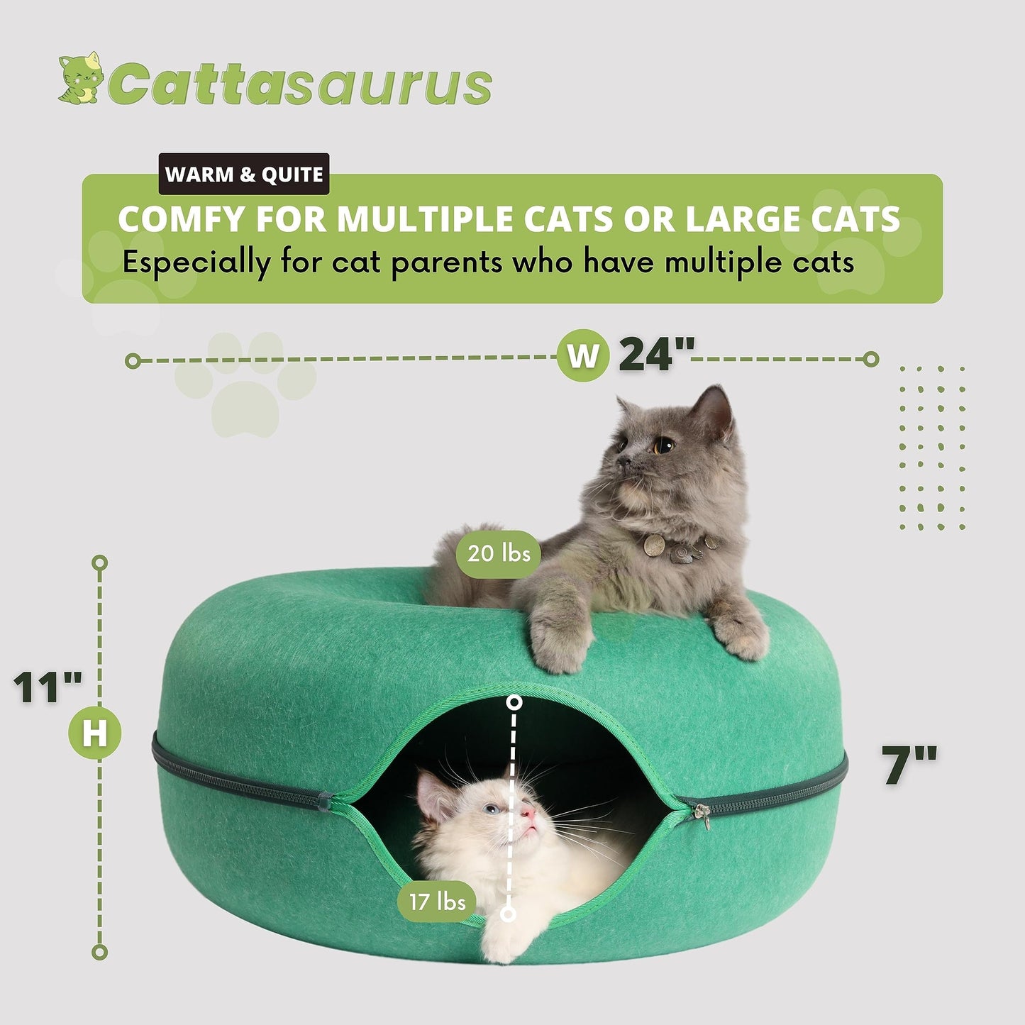 CATTASAURUS Peekaboo Cat Cave for Multiple & Large Cats Up to 30-45 Lbs, Scratch Detachable & Washable Tunnel Bed, Comfy Donut Cat Cave (Light Gray, Large)