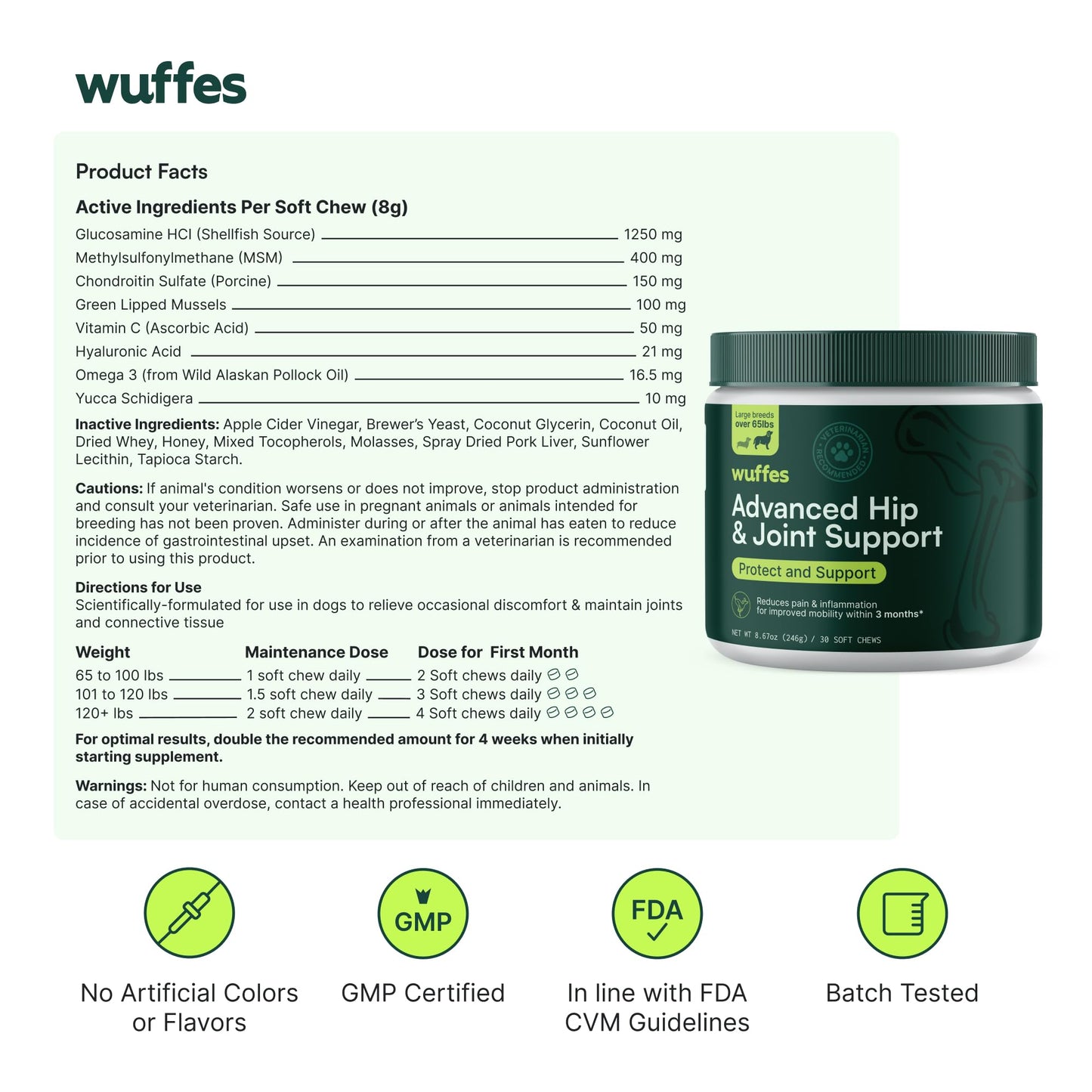 Wuffes Advanced Dog Hip and Joint Supplement with Glucosamine, Chondroitin, Omega 3, MSM, and Green Lipped Mussel, 30 Pork Flavored Chews for Large Dog Breeds