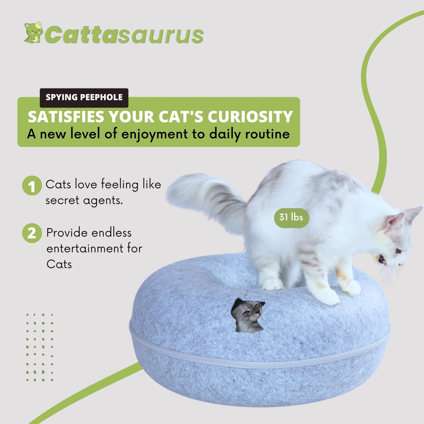 CATTASAURUS Peekaboo Cat Cave for Multiple & Large Cats Up to 30-45 Lbs, Scratch Detachable & Washable Tunnel Bed, Comfy Donut Cat Cave (Light Gray, Large)