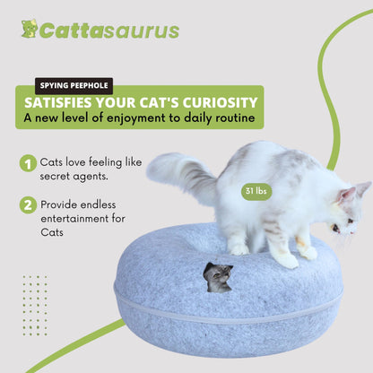 CATTASAURUS Peekaboo Cat Cave for Multiple & Large Cats Up to 30-45 Lbs, Scratch Detachable & Washable Tunnel Bed, Comfy Donut Cat Cave (Light Gray, Large)