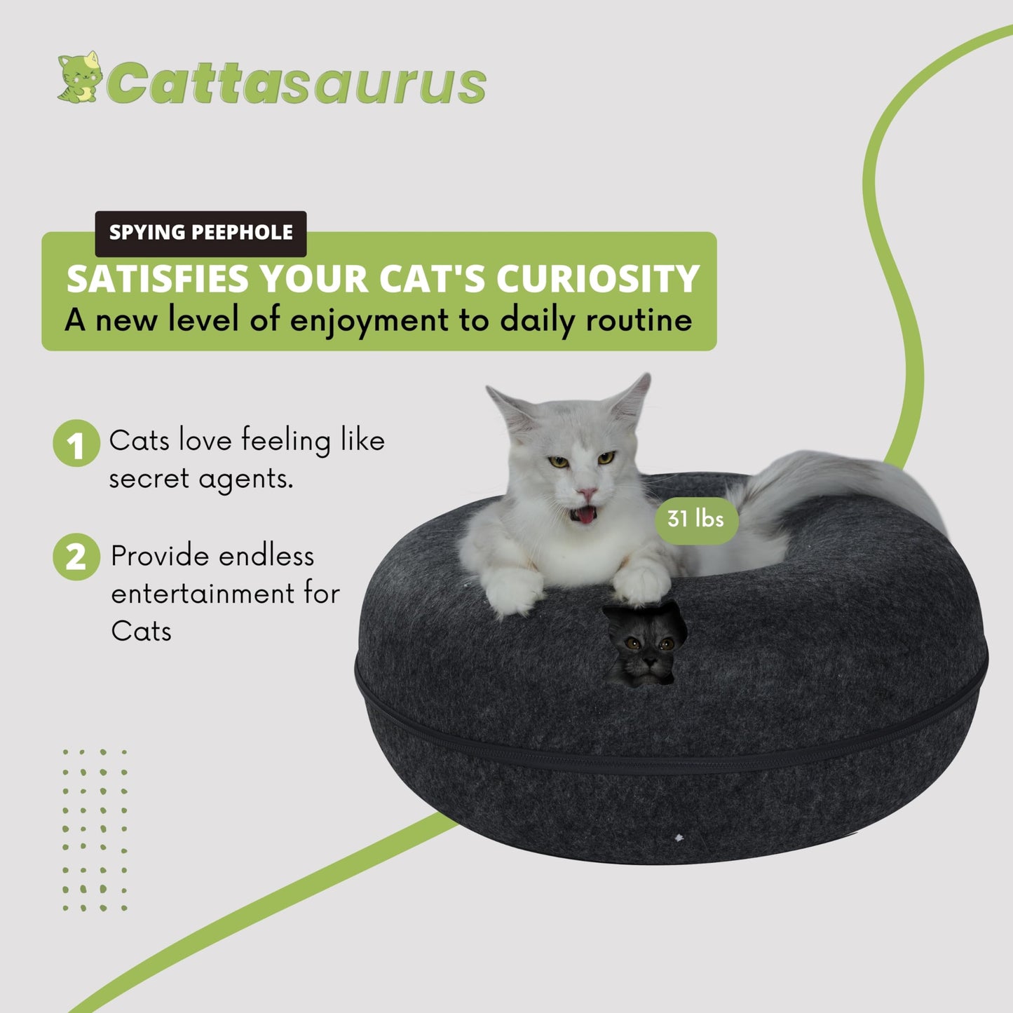CATTASAURUS Peekaboo Cat Cave for Multiple & Large Cats Up to 30-45 Lbs, Scratch Detachable & Washable Tunnel Bed, Comfy Donut Cat Cave (Light Gray, Large)