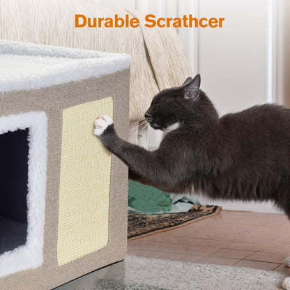 petizer Cat Bed for Indoor Cats, Large Covered Cat House with Scratch Pad, Foldable Cat Cave Bed & Hideaway Cube with Reversible Cushions, Cute Cat Condo for Multi Small Pet Kitten (Dark Grey)