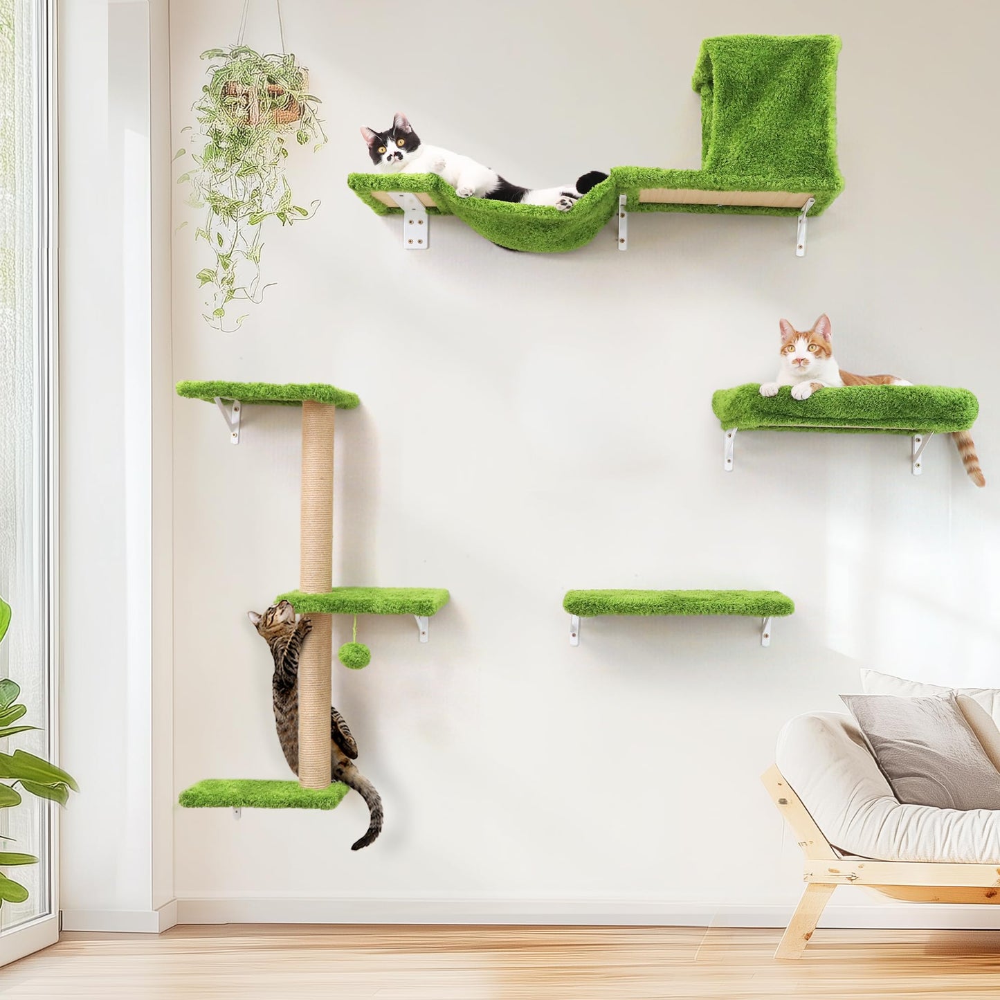 FUKUMARU Cat Wall Shelves, Stable & Safe 4 in 1 Cat Furniture Set, Wooden Climbing Wall with Scratching Post for 16 Inch Drywall - Gray