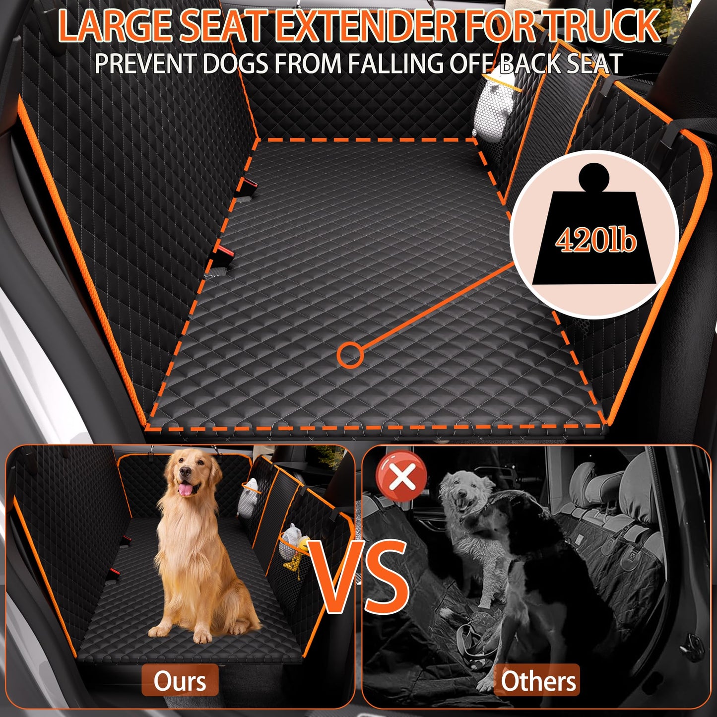 Back Seat Extender for Dogs - Large Space, Waterproof Dog Car Seat Cover for Back Seat with Hard Bottom Holds 420lbs, 600D Heavy-Duty Upgraded Material Dog Hammock for Car, Easy to Use and Clean