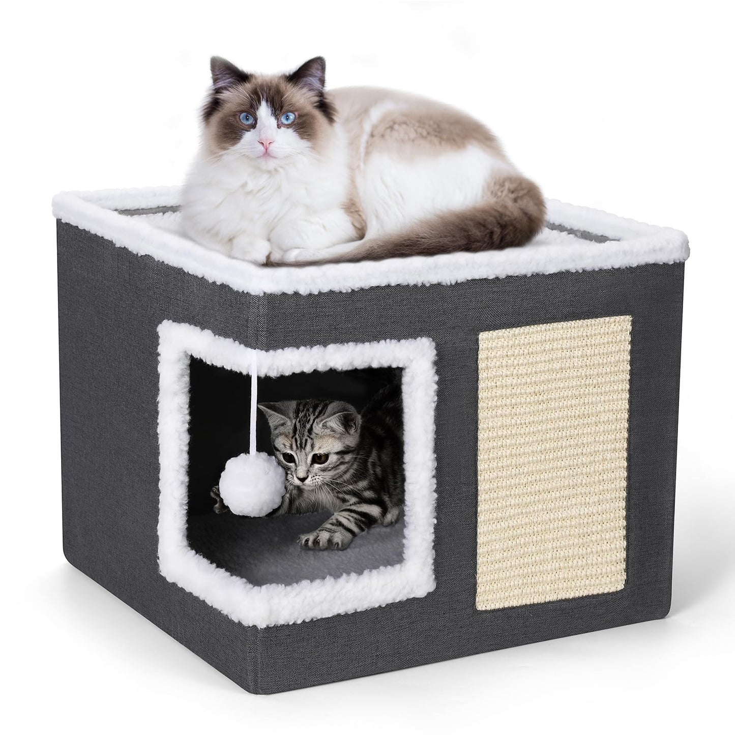 petizer Cat Bed for Indoor Cats, Large Covered Cat House with Scratch Pad, Foldable Cat Cave Bed & Hideaway Cube with Reversible Cushions, Cute Cat Condo for Multi Small Pet Kitten (Dark Grey)