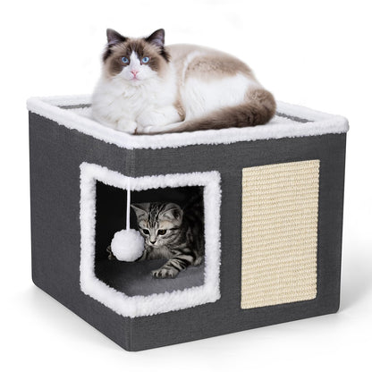petizer Cat Bed for Indoor Cats, Large Covered Cat House with Scratch Pad, Foldable Cat Cave Bed & Hideaway Cube with Reversible Cushions, Cute Cat Condo for Multi Small Pet Kitten (Dark Grey)