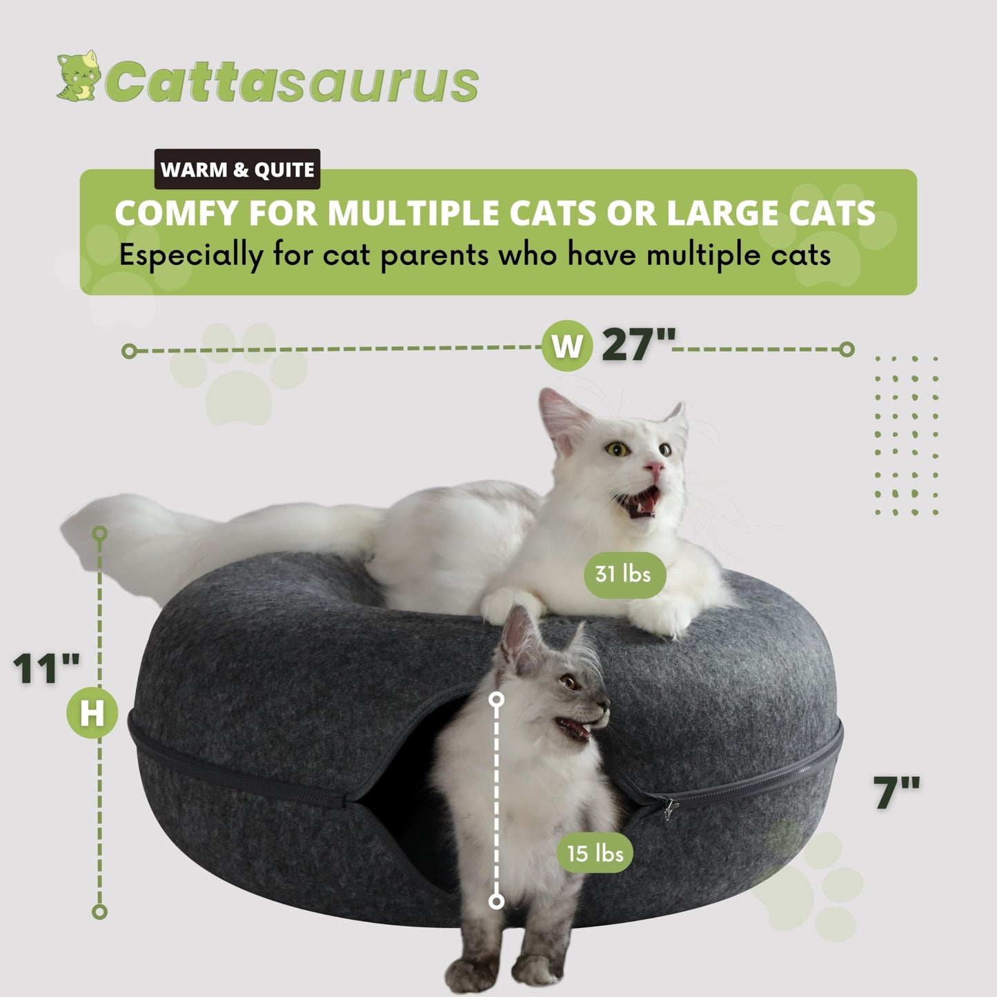 CATTASAURUS Peekaboo Cat Cave for Multiple & Large Cats Up to 30-45 Lbs, Scratch Detachable & Washable Tunnel Bed, Comfy Donut Cat Cave (Light Gray, Large)