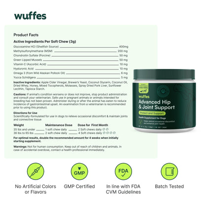 Wuffes Advanced Dog Hip and Joint Supplement with Glucosamine, Chondroitin, Omega 3, MSM, and Green Lipped Mussel, 30 Pork Flavored Chews for Large Dog Breeds