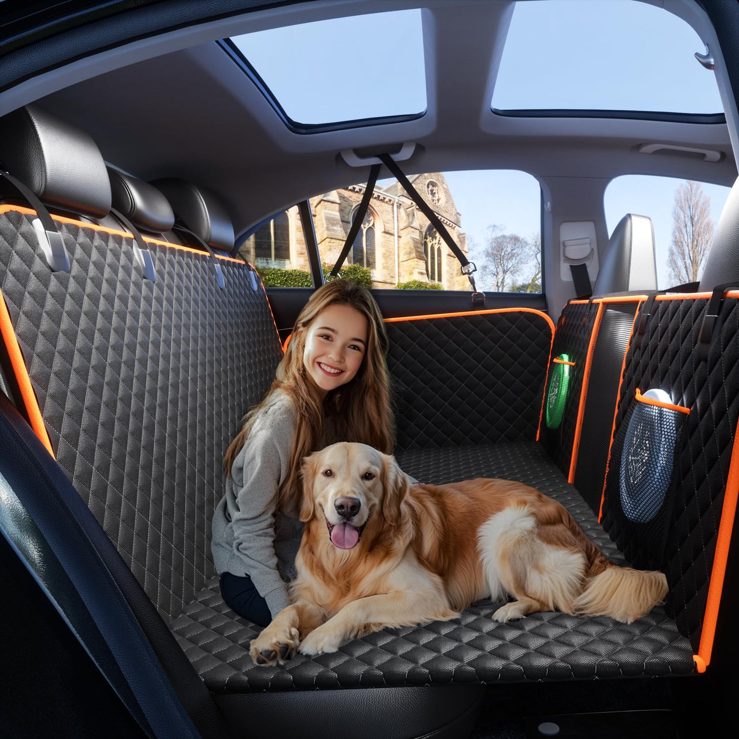 Back Seat Extender for Dogs - Large Space, Waterproof Dog Car Seat Cover for Back Seat with Hard Bottom Holds 420lbs, 600D Heavy-Duty Upgraded Material Dog Hammock for Car, Easy to Use and Clean