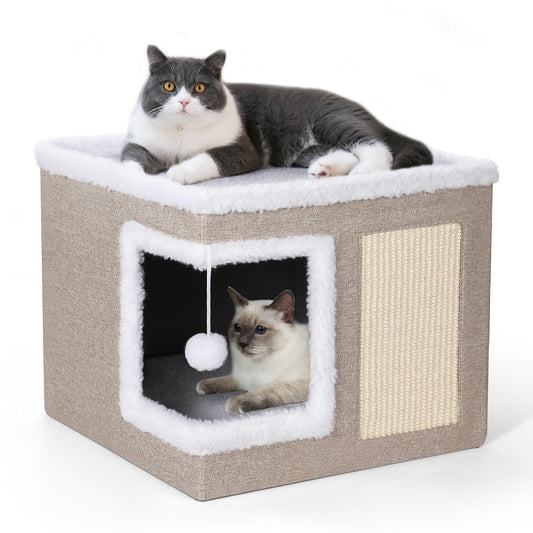 petizer Cat Bed for Indoor Cats, Large Covered Cat House with Scratch Pad, Foldable Cat Cave Bed & Hideaway Cube with Reversible Cushions, Cute Cat Condo for Multi Small Pet Kitten (Dark Grey)