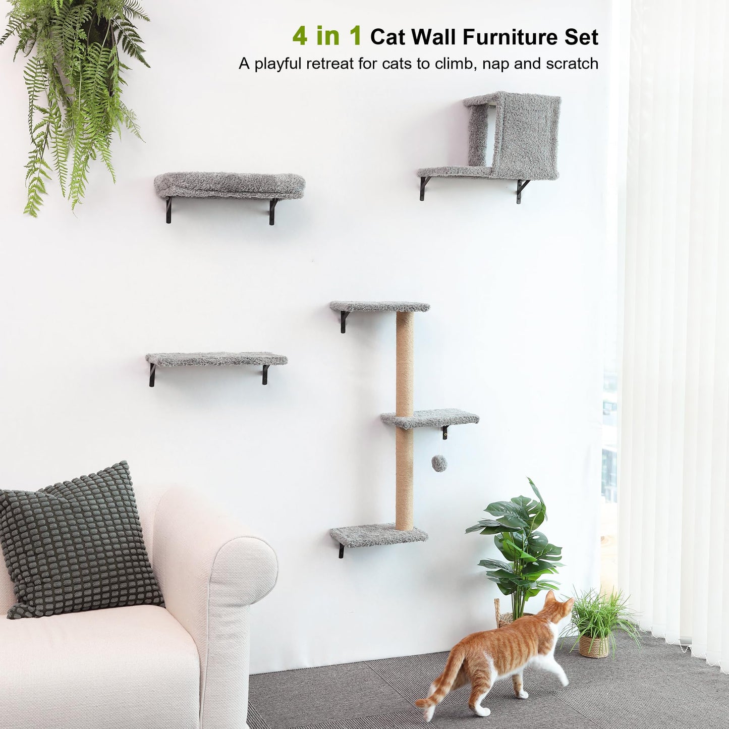 FUKUMARU Cat Wall Shelves, Stable & Safe 4 in 1 Cat Furniture Set, Wooden Climbing Wall with Scratching Post for 16 Inch Drywall - Gray