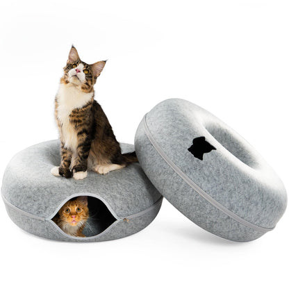 CATTASAURUS Peekaboo Cat Cave for Multiple & Large Cats Up to 30-45 Lbs, Scratch Detachable & Washable Tunnel Bed, Comfy Donut Cat Cave (Light Gray, Large)