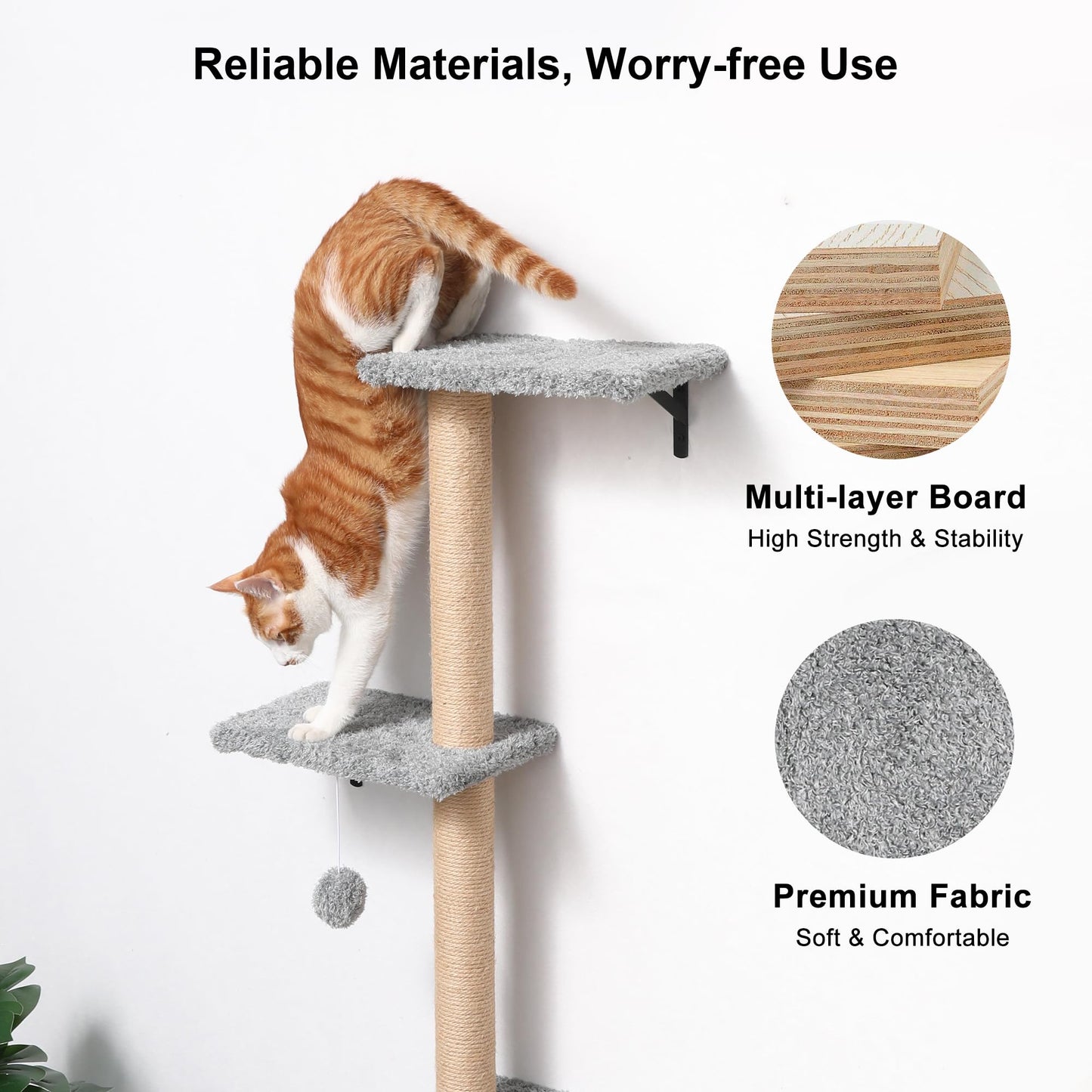 FUKUMARU Cat Wall Shelves, Stable & Safe 4 in 1 Cat Furniture Set, Wooden Climbing Wall with Scratching Post for 16 Inch Drywall - Gray