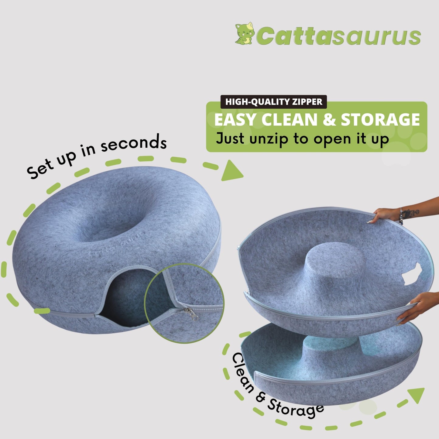 CATTASAURUS Peekaboo Cat Cave for Multiple & Large Cats Up to 30-45 Lbs, Scratch Detachable & Washable Tunnel Bed, Comfy Donut Cat Cave (Light Gray, Large)