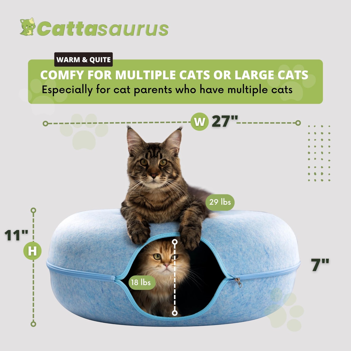 CATTASAURUS Peekaboo Cat Cave for Multiple & Large Cats Up to 30-45 Lbs, Scratch Detachable & Washable Tunnel Bed, Comfy Donut Cat Cave (Light Gray, Large)