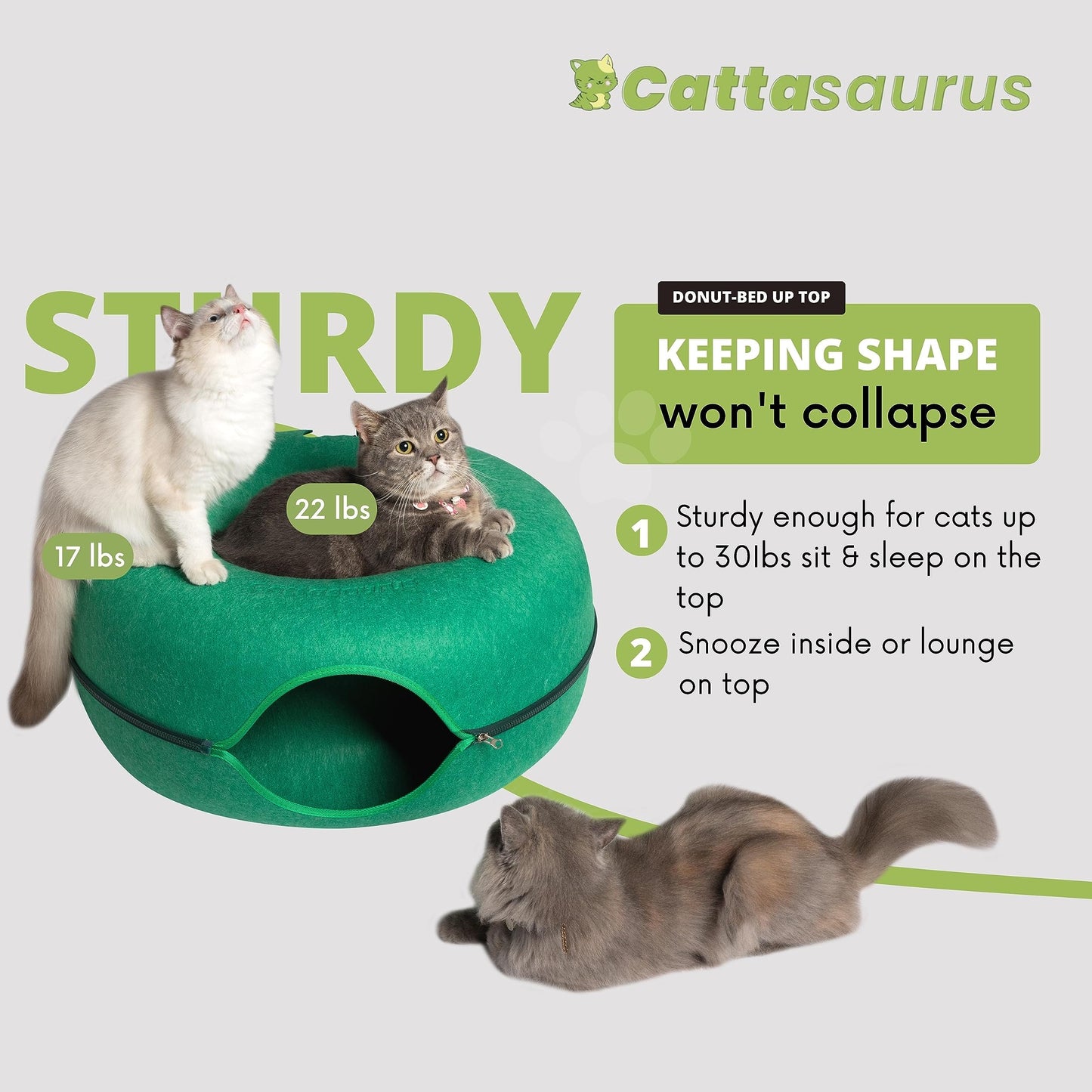CATTASAURUS Peekaboo Cat Cave for Multiple & Large Cats Up to 30-45 Lbs, Scratch Detachable & Washable Tunnel Bed, Comfy Donut Cat Cave (Light Gray, Large)