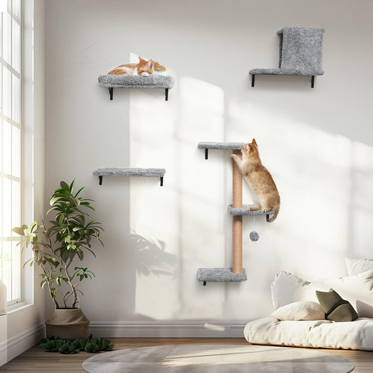 FUKUMARU Cat Wall Shelves, Stable & Safe 4 in 1 Cat Furniture Set, Wooden Climbing Wall with Scratching Post for 16 Inch Drywall - Gray