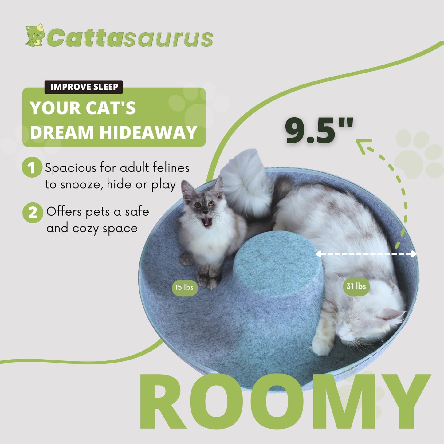 CATTASAURUS Peekaboo Cat Cave for Multiple & Large Cats Up to 30-45 Lbs, Scratch Detachable & Washable Tunnel Bed, Comfy Donut Cat Cave (Light Gray, Large)
