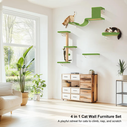 FUKUMARU Cat Wall Shelves, Stable & Safe 4 in 1 Cat Furniture Set, Wooden Climbing Wall with Scratching Post for 16 Inch Drywall - Gray