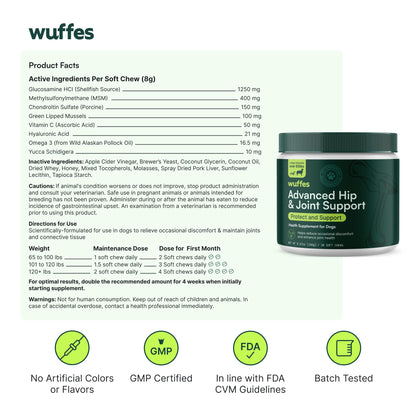 Wuffes Advanced Dog Hip and Joint Supplement with Glucosamine, Chondroitin, Omega 3, MSM, and Green Lipped Mussel, 30 Pork Flavored Chews for Large Dog Breeds