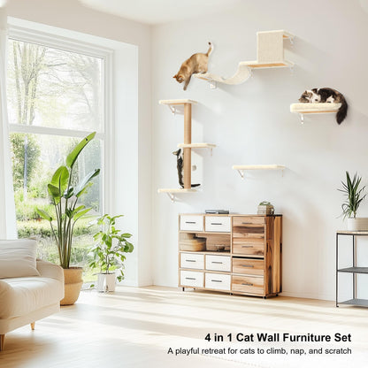 FUKUMARU Cat Wall Shelves, Stable & Safe 4 in 1 Cat Furniture Set, Wooden Climbing Wall with Scratching Post for 16 Inch Drywall - Gray
