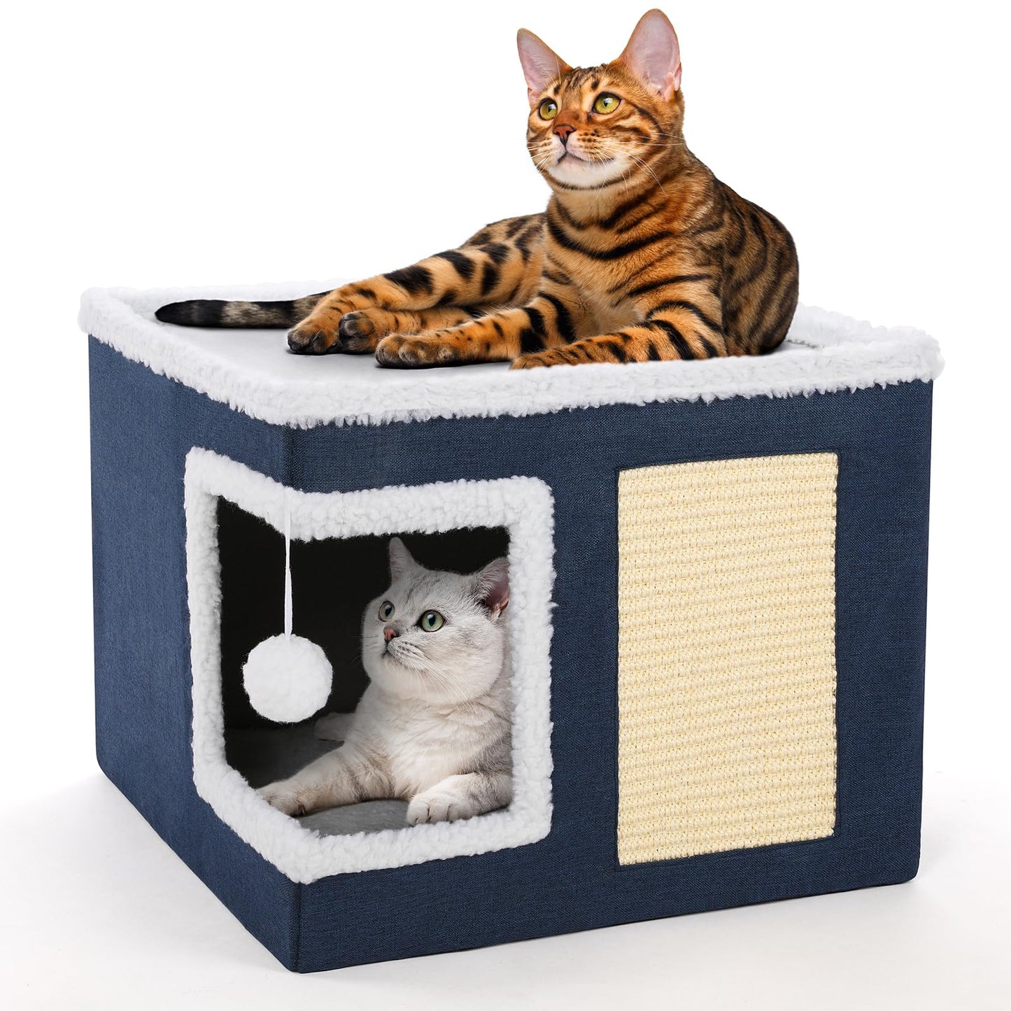 petizer Cat Bed for Indoor Cats, Large Covered Cat House with Scratch Pad, Foldable Cat Cave Bed & Hideaway Cube with Reversible Cushions, Cute Cat Condo for Multi Small Pet Kitten (Dark Grey)