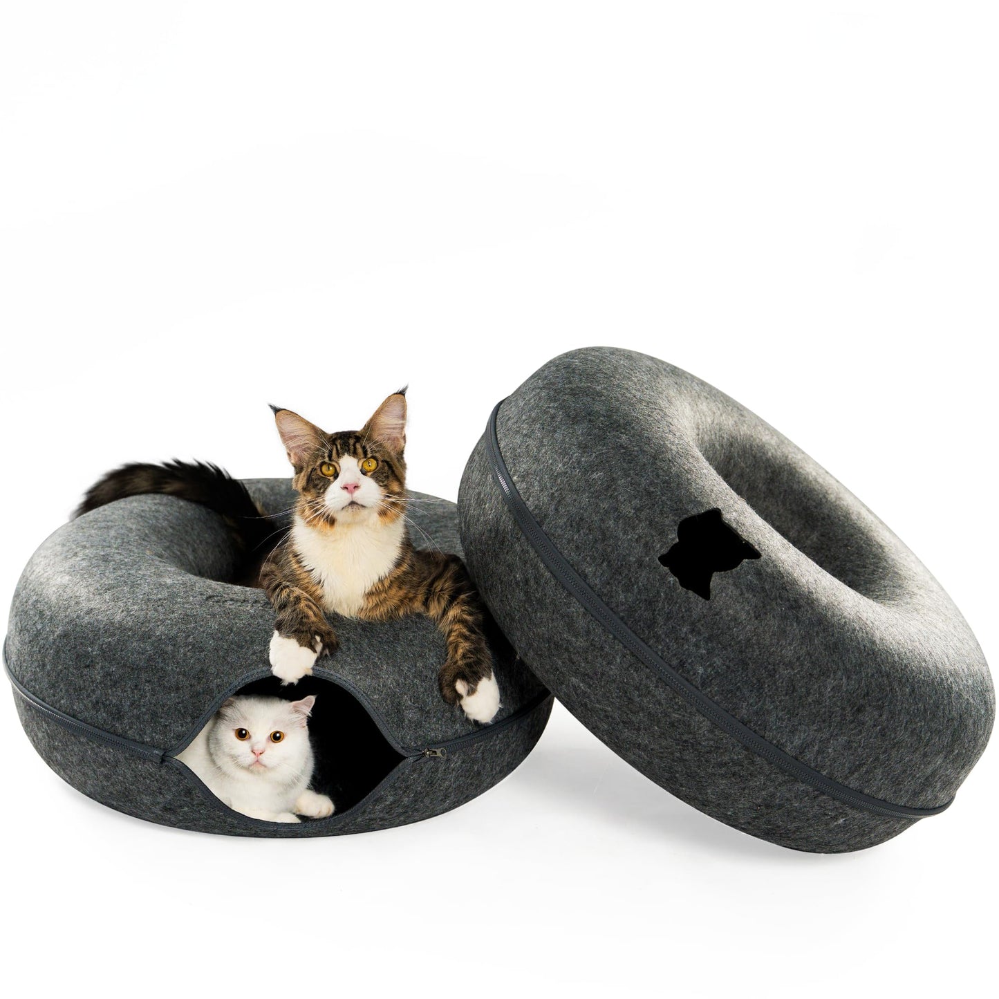 CATTASAURUS Peekaboo Cat Cave for Multiple & Large Cats Up to 30-45 Lbs, Scratch Detachable & Washable Tunnel Bed, Comfy Donut Cat Cave (Light Gray, Large)