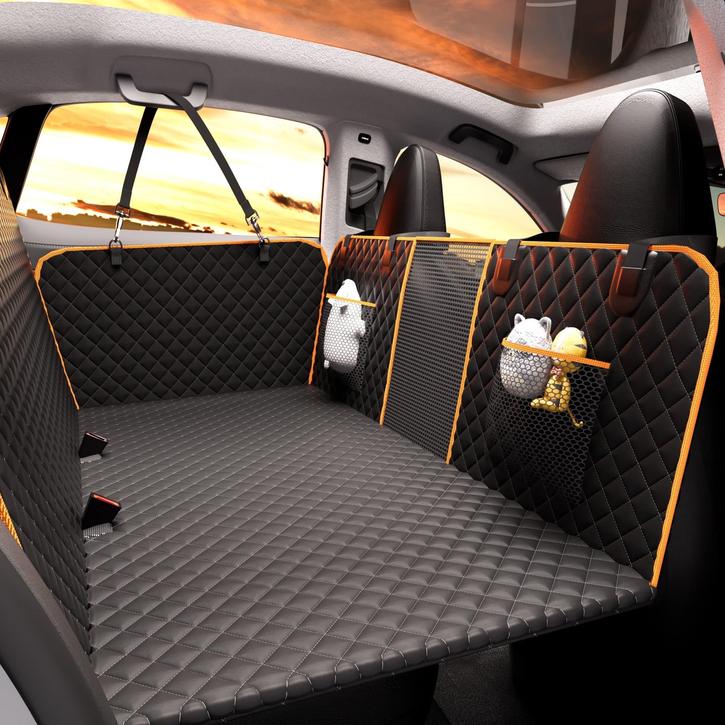 Back Seat Extender for Dogs - Large Space, Waterproof Dog Car Seat Cover for Back Seat with Hard Bottom Holds 420lbs, 600D Heavy-Duty Upgraded Material Dog Hammock for Car, Easy to Use and Clean
