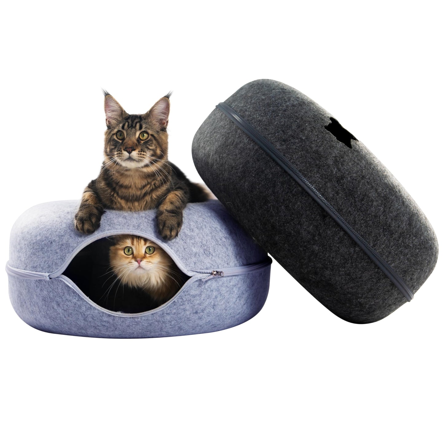 CATTASAURUS Peekaboo Cat Cave for Multiple & Large Cats Up to 30-45 Lbs, Scratch Detachable & Washable Tunnel Bed, Comfy Donut Cat Cave (Light Gray, Large)
